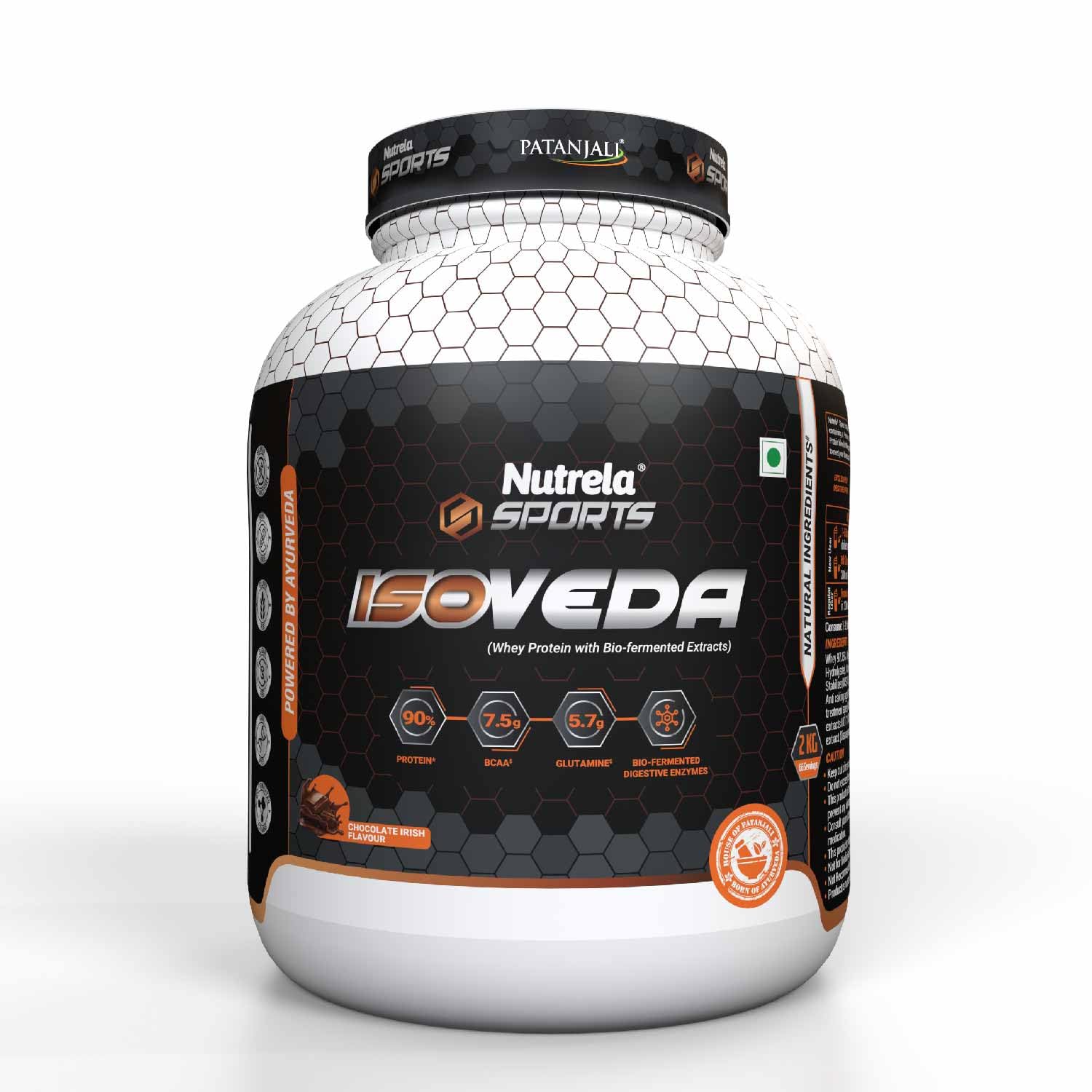 NUTRELA Sports Patanjali Premium Whey Isolate Protein Powder | 90% Protein, 7.5g BCAA, 5.7g Glutamine | 2kg – Irish Chocolate Flavour