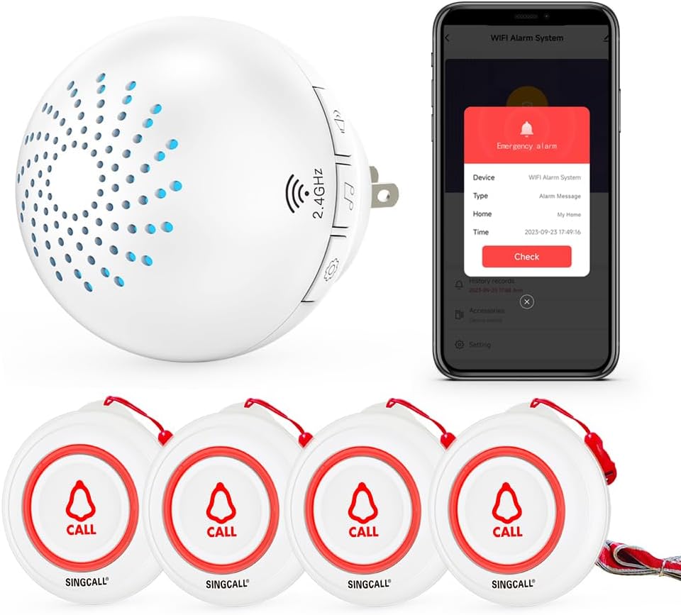 SINGCALL Tuya WiFi Wireless Caregiver Pager Calling System SOS Emergency Home Caring for Old People Patients Children 4 Transmitters 1 Plugin Receiver (only Supports 2.4GHz Wi-Fi)