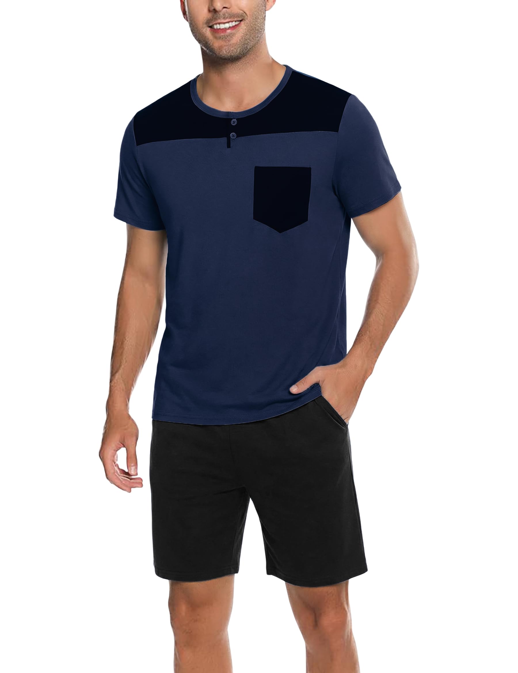 Demegimi Herren Schlafanzug Kurz Shorty Pyjama Baumwolle Lustige Katze T-Shirt Sommer Pyjama Set Loungewear für Männer