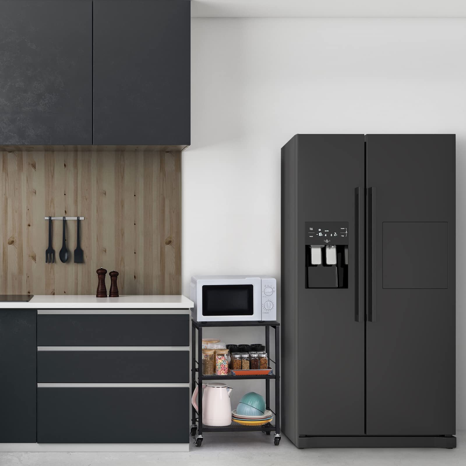 LIANTRAL Estantería de Cocina con Ruedas, Carrito de Servicio de 3 Niveles, Carrito de Cocina, Estantería para Microondas, Horno, Tostadora, Marcos metálicos y Tablas de Madera, Negro