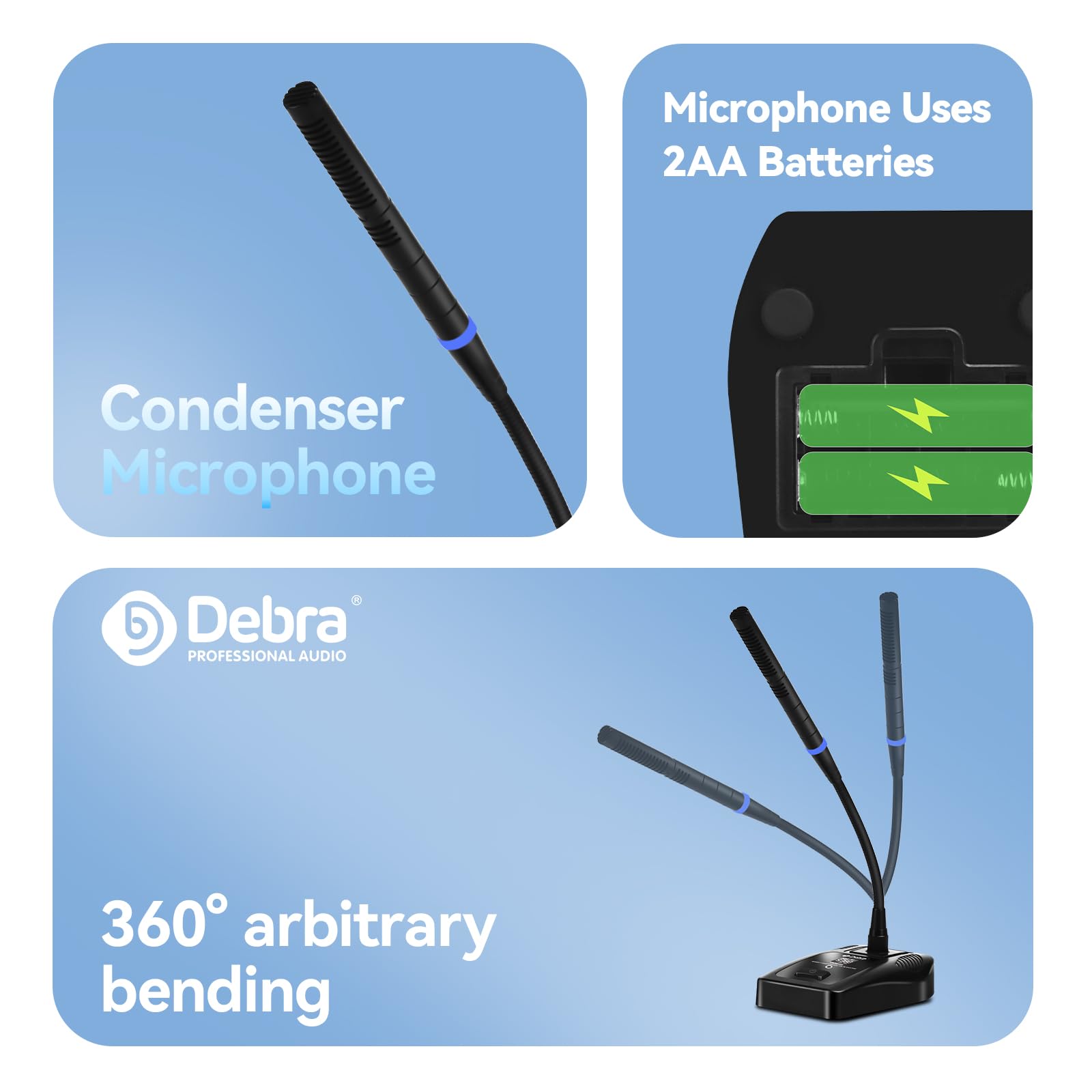 D Debra DU8008 Set Microfoni Wireless UHF - 8 Microfoni a gooseneck, Plug & Play, Frequenza Regolabile, Portata 80m, Ideale per Karaoke/Conferenze/Canto/Palco