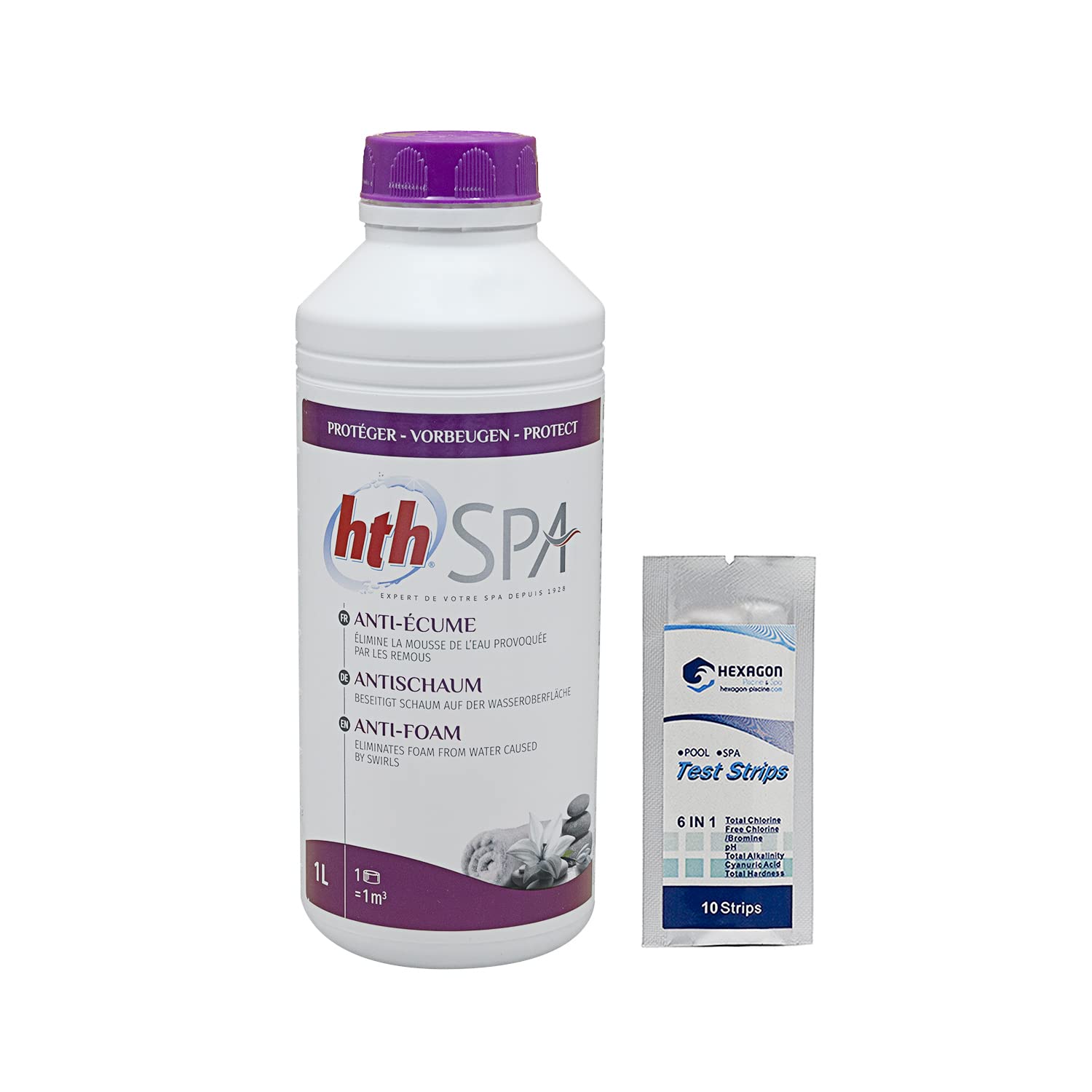 HTH Spa Anti-Ecume Liquide - 1L | Elimine la Mousse/Écume à la Surface de l'eau du Spa + 10 Tests HPS OFFERTS 6 en 1