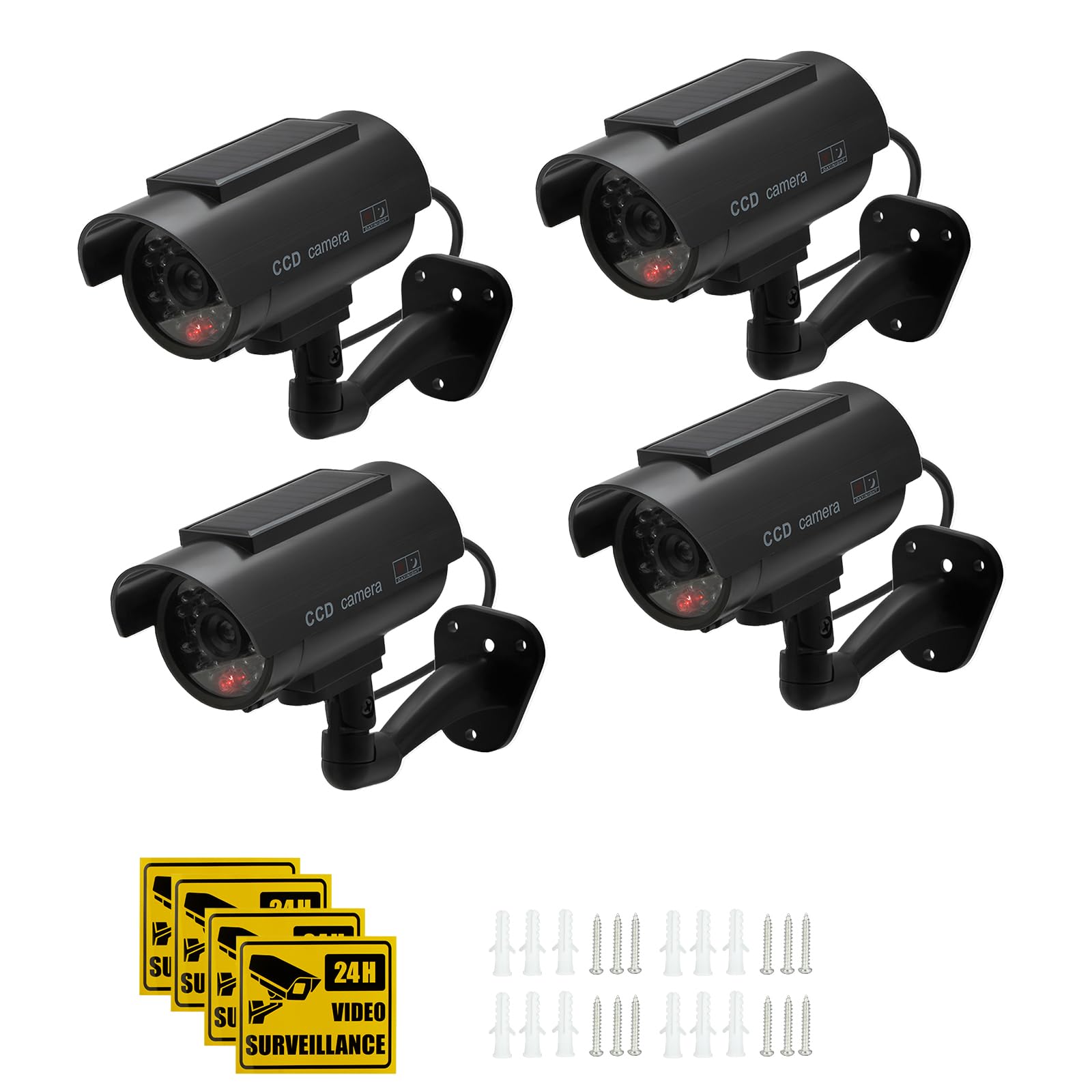 Twilight Garage 4 Pack Dummy Camera, Solar Powered Bullet Simulated CCTV Fake Security Cameras with Flashing Red LED Light & Warning Security Alert Sticker, Indoor Outdoor Use -Black