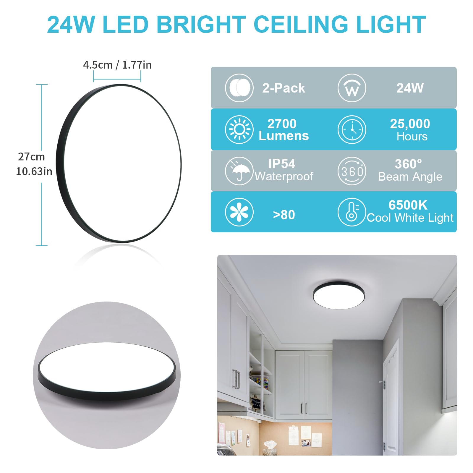 2 Piezas Plafon LED Techo 24W, Lampara de Techo Blanco Frío 6500K