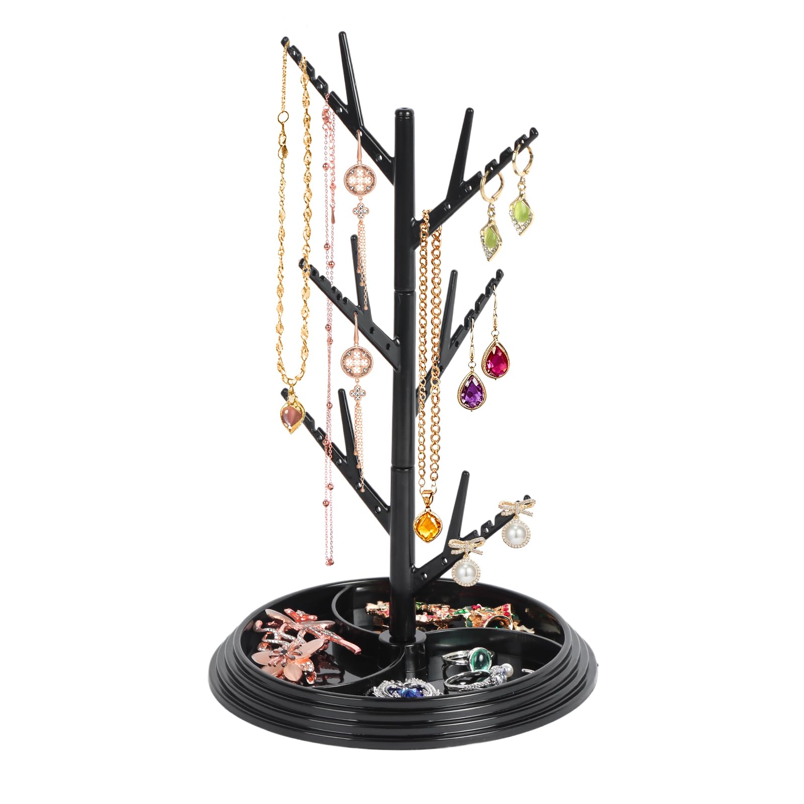 Minicoco Jewellery Tree Stand, Hanging Jewellery Organiser Tower Rack for Necklaces Earrings Rings Bracelets, Tabletop Display Holder for Dressing Table Bedroom Bathroom Office Decor (Black)