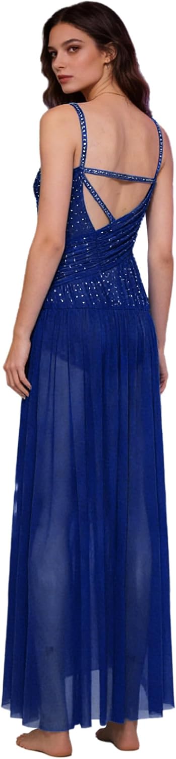 Women Lyrical Dance Costumes Sleeveless Mesh Tulle Flowy Maxi Long Dress Contemporary Dancewear