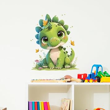 Cute Cartoon Dinosaur Butterflies Wall Decal Nursery Animal Dino Wall Sticker Removable Peel and Stick Wall Art Decor for Kid Baby Classroom Preschool Living Room Playroom Bedroom School