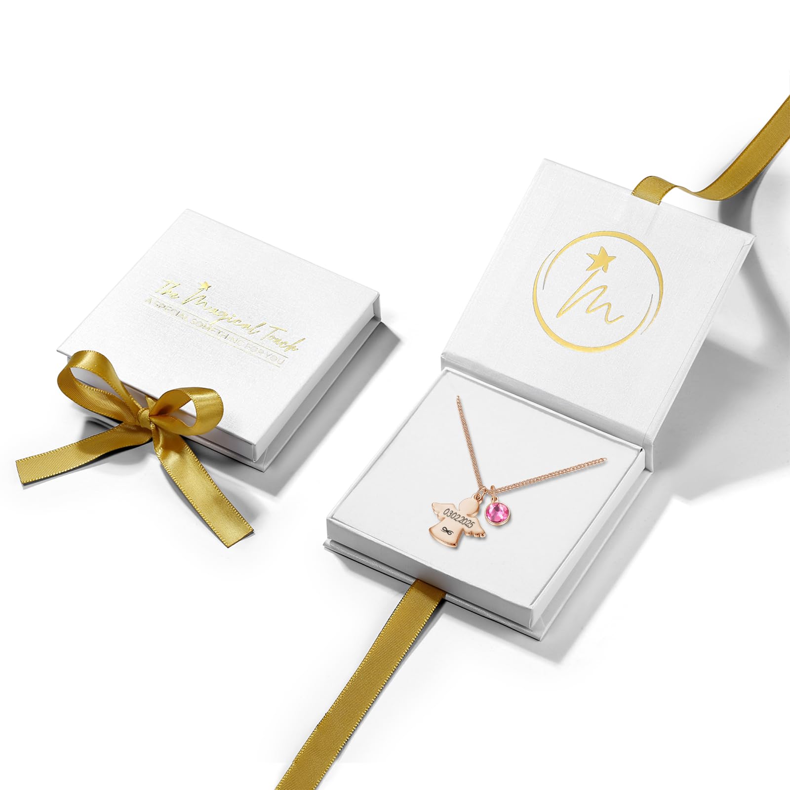 Personalisierte Kette mit Schutzengel und Geburtsstein in Silber und Rosegold | Taufgeschenke für Mädchen zu Kommunion Konfirmation Einschulung | Namenskette Personalisiert mit Gravur