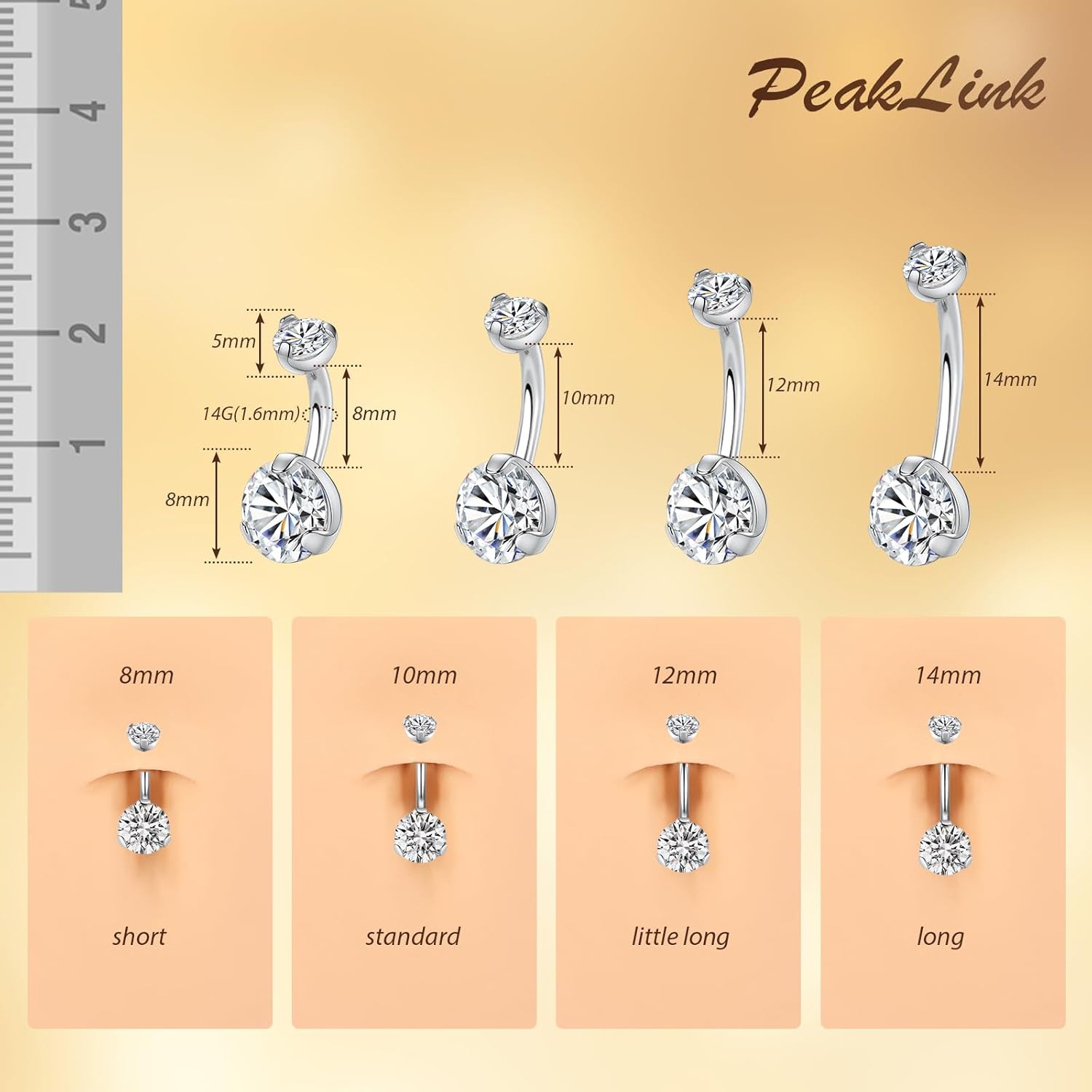 PEAKLINK Titanium Belly Button Ring 14G Belly Jewelry Navel Bar Internally Threaded Belly Barbell with Double Cubic Zircon Navel Jewelry Navel Belly Piercing for Women 8 10 12 14mm - Image 4