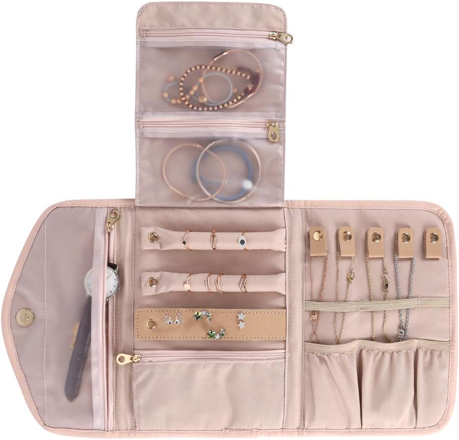 KUAKKUAK Travel Jewelry Organizer Roll Foldable Jewelry Roll Bag Small Jewelry Storage Bag for Journey-Rings, Necklaces, Bracelets, Earrings, Soft Pink