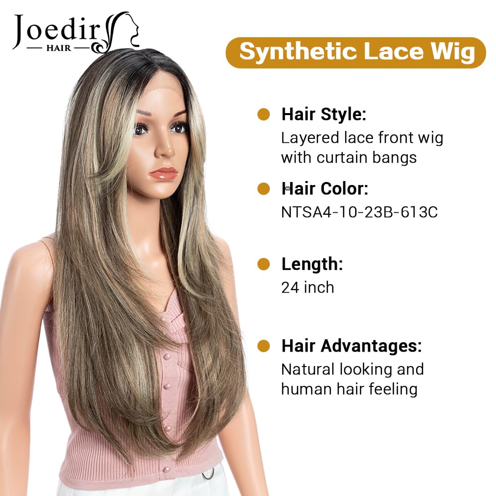 JOEDIR HAIR Layered Synthetic Lace Front Wig for Women with Curtain Bangs 24 inch Highlight Ash Brown Skunk Stripe Wig for Daily Party Cosplay (Color:NTSA4/10/23B/613C)