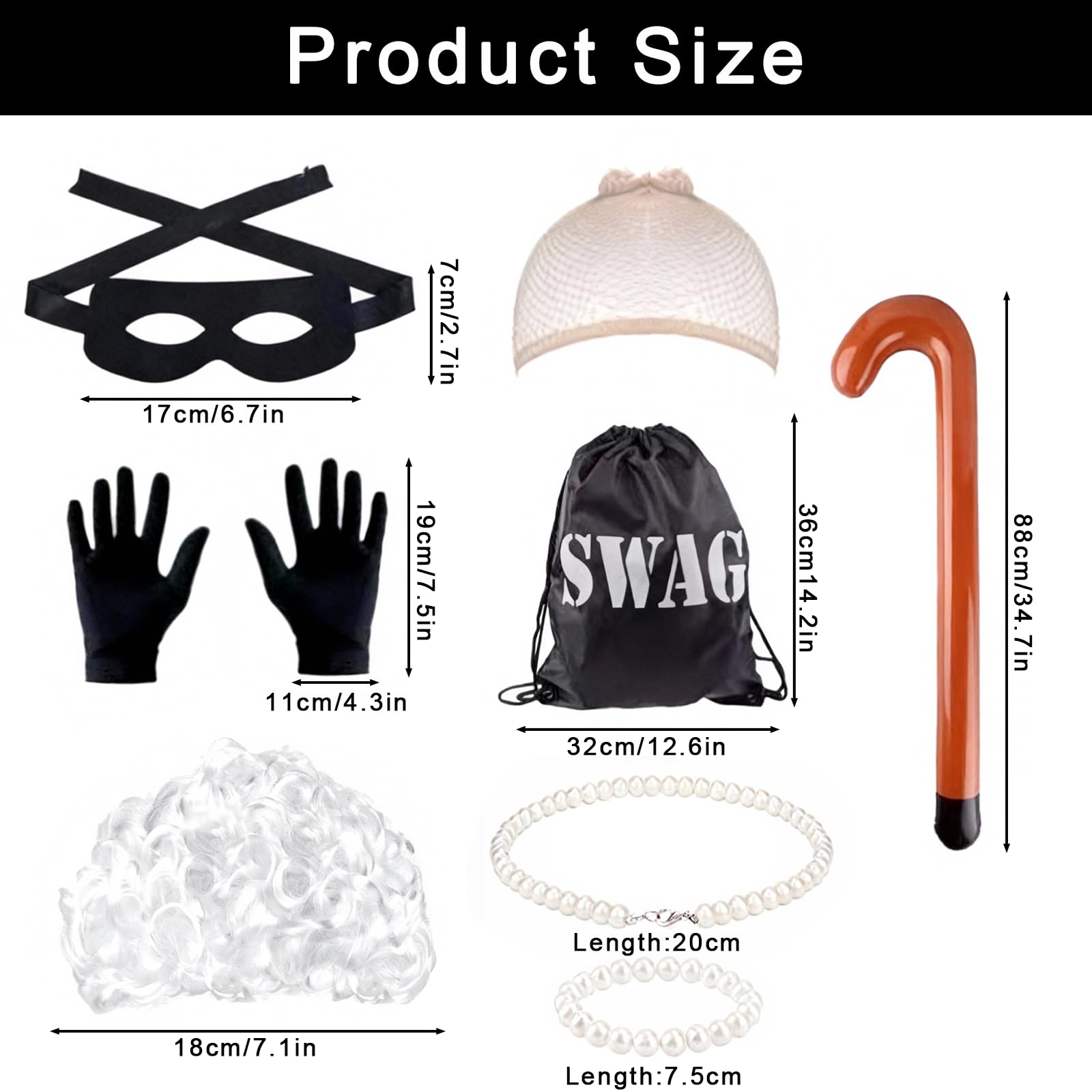 XDGBGFN Thief Granny Costume Set including Old Lady Wig Black Eyemask and Gloves Swag Bag pearl necklace Bracelet for adult World Kids Book Day Dress Up - Image 2