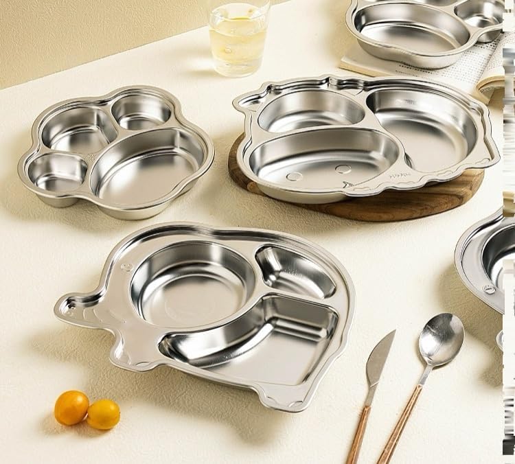 Image of Happy Hues Stainless Steel Divided Meal Plate Tray-3 Compartments Dinner Dish for Baby (Elephant)