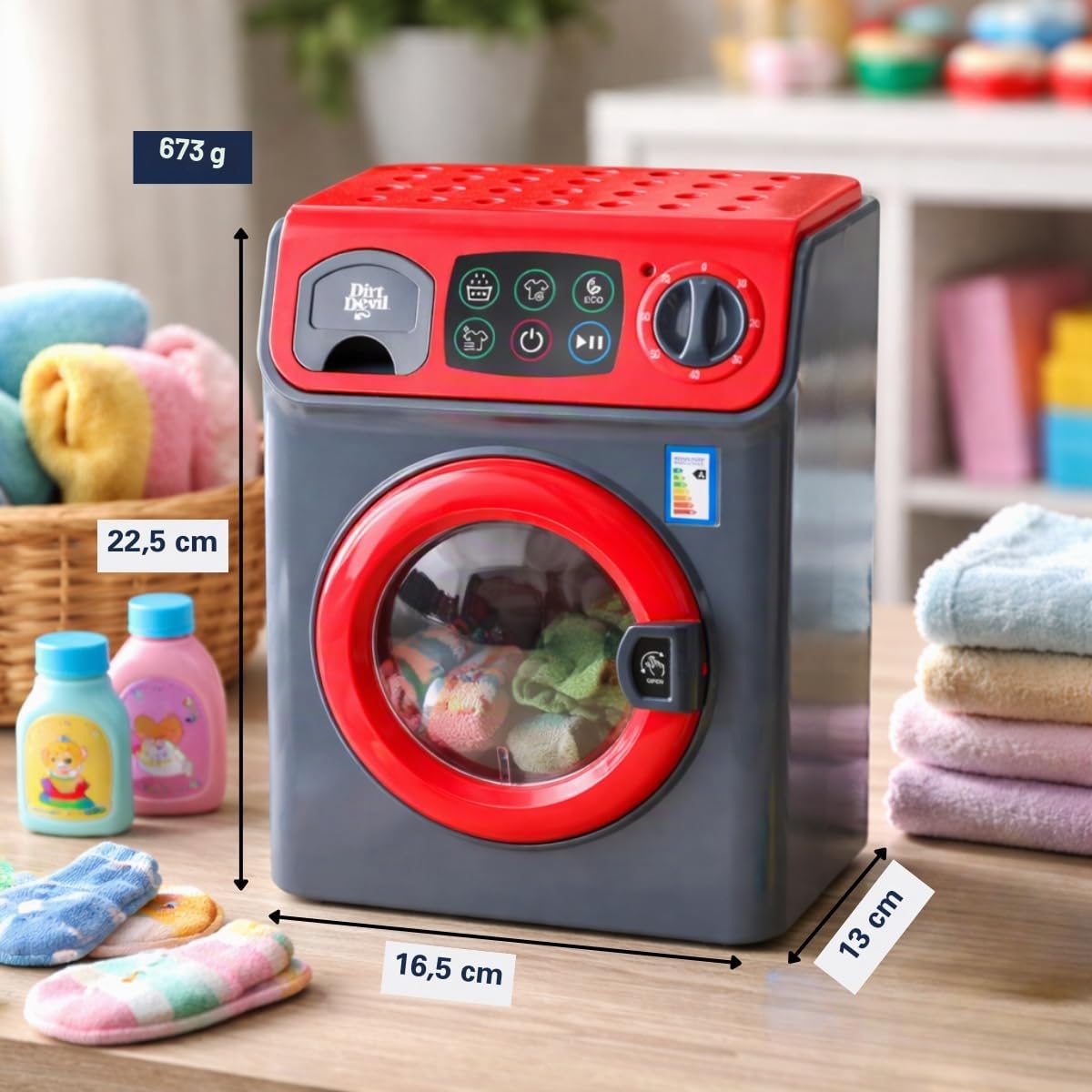 Dirt Devil Machine à Laver Jouet Enfant – avec Lumière et Sons – Prête à l’Emploi – 16,5 x 13 x 22,5 cm – Lave Linge Enfant Jouet pour Jeux de Rôle
