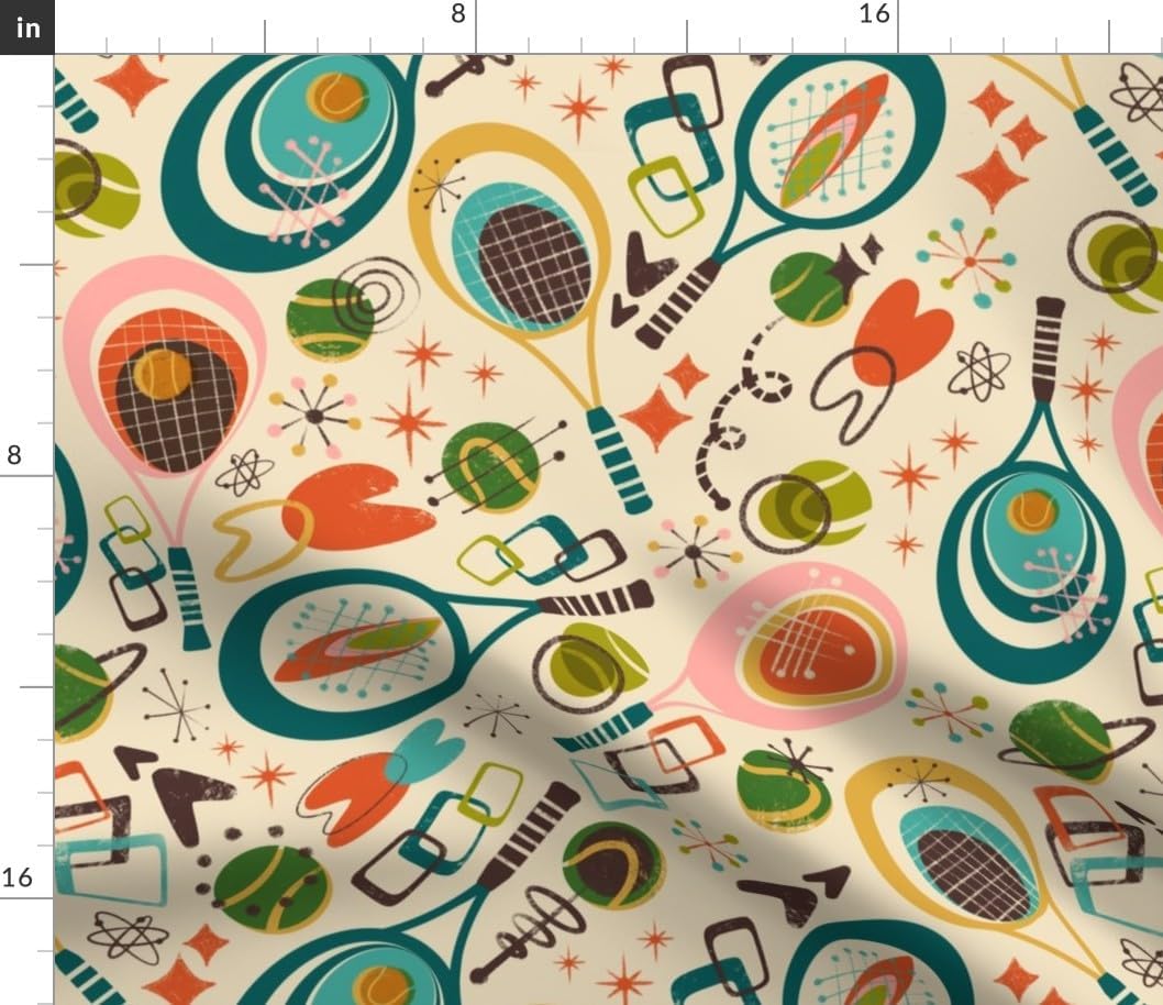 Spoonflower Fabric - Mod Retro Tennis MCM Sports Court Sport Games Sporty Rackets Bold Printed on Petal Cotton Fabric by The Yard - Sewing Quilting Apparel Crafts Decor