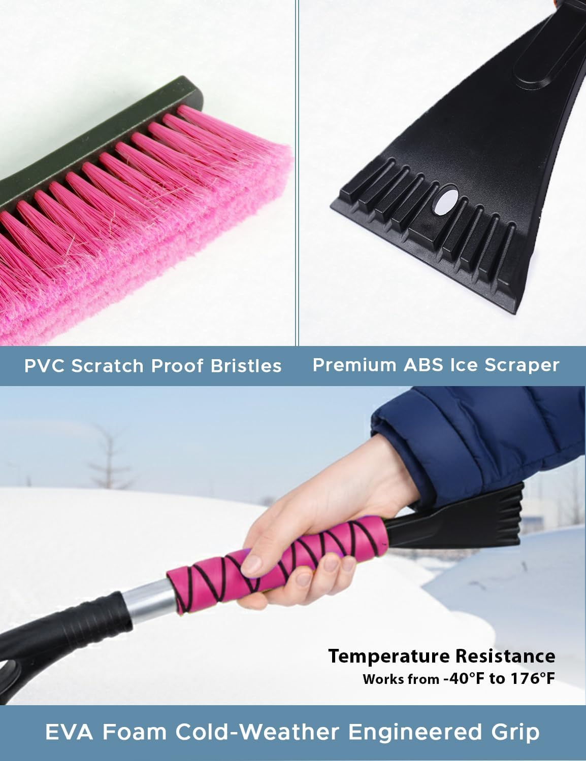 Autovir 27" Snow Brush and Ice Scrapers for Car Windshield (3 Pack), Window Scraper with Ergonomic Foam Grip, Snow Removal for Car, Must Have Winter Car Accessories (Green, Blue & Pink)