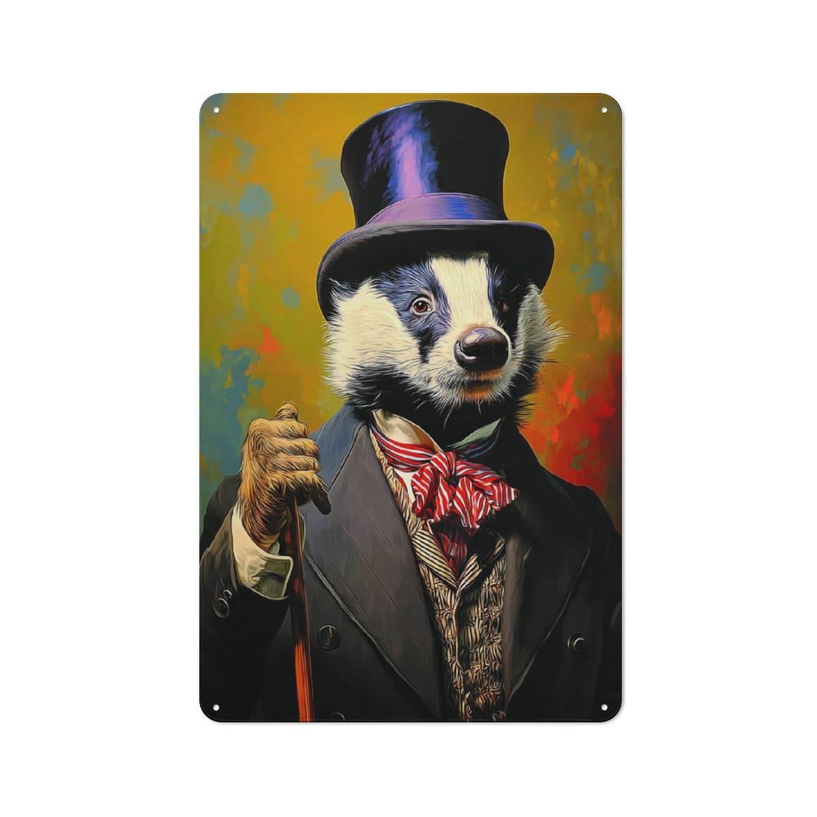 Junmoney Badger In Top Hat A Dapper Portrait -2 Vintage Tin Wall Plaque 30X20cm For Studio Or Craft Room, For Garage, Workshop And Man Cave Decoration