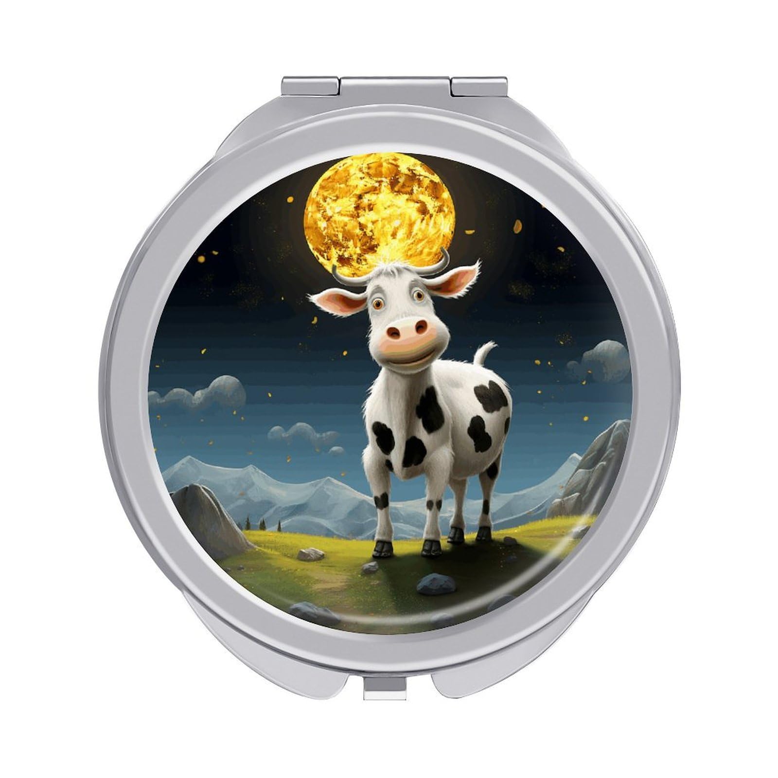 JTREHY Cow Over The Moon Makeup Mirror Portable Folding Mirror Compact Travel Mirrors 2-Sided Round Pocket Mirrors Cute Handheld Beauty Mirror for Handbag Purse for Women Gift