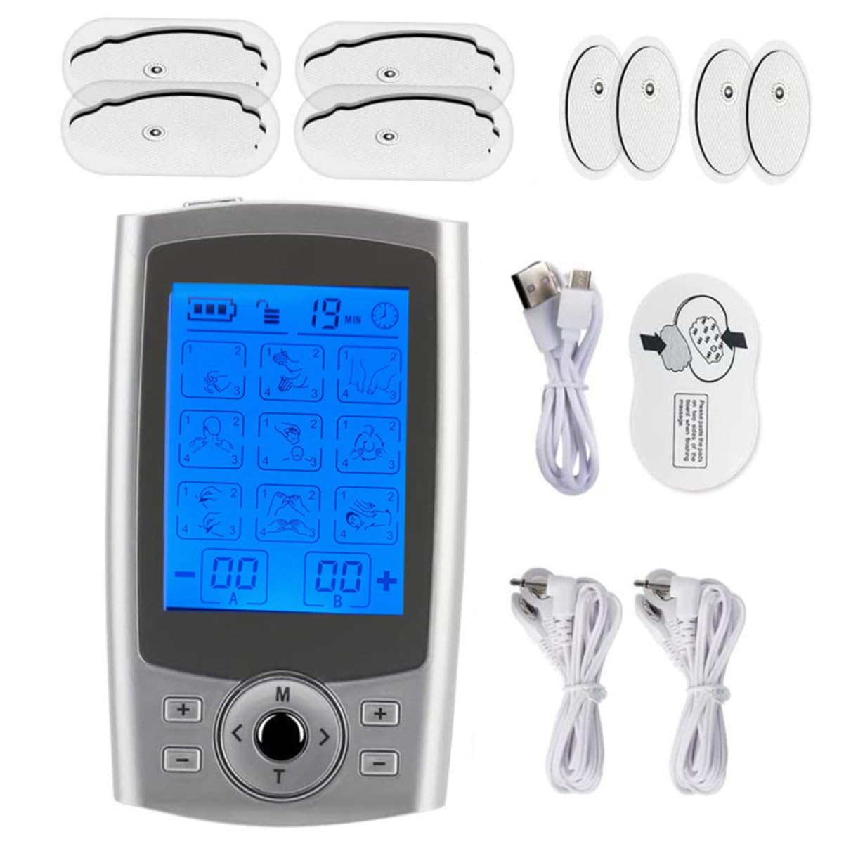Yardwe Dispositivo de Electromasaje, Máquina de Masaje Muscular con 36 Funciones y 8 Parches de Masaje, Color Plata
