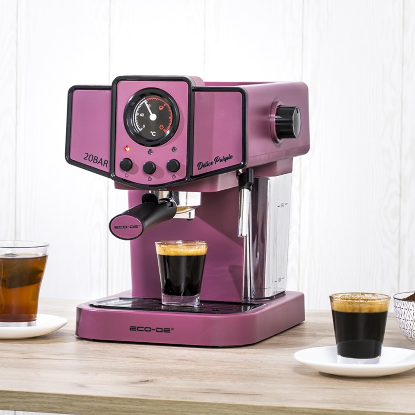ECODE® Cafetera Express con 20 Bares de Presión y 1050 W, Vaporizador, Deposito de 1.5L, Calientatazas, Termometro, Brazo Doble Salida, Dosificador con Prensador, Mono/Doble dosis - Delice Purple