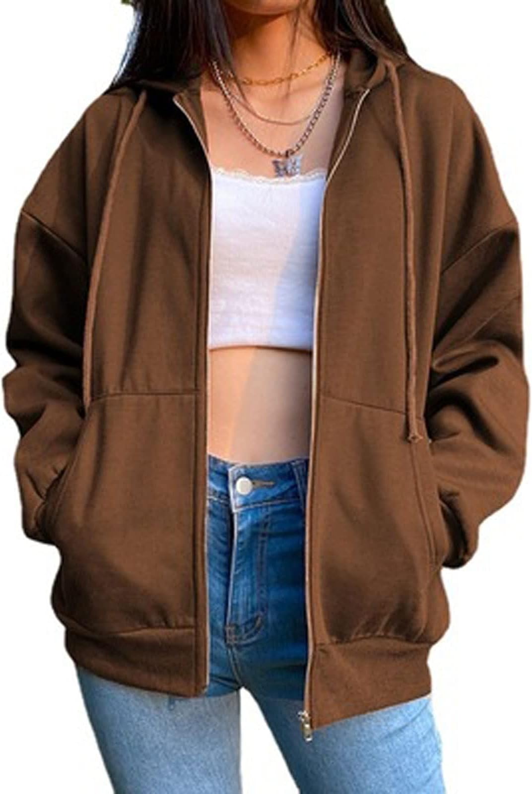 YokbeerWomen Zip Hoodies Oversize Pullover Girl Autumn Long Sleeve Sports Jacket Warm Sweatshirt with Pockets (Color : Brown, Size : X-Large)