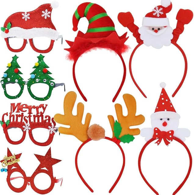 JOYIN 8 Pcs Christmas Headbands Christmas Party Glasses Frames Party Set, Christmas Funny Sunglasses and Hat Headwear for Xmas Holiday Parties Favors, Christmas Photo Booth Props (One Size Fits All)