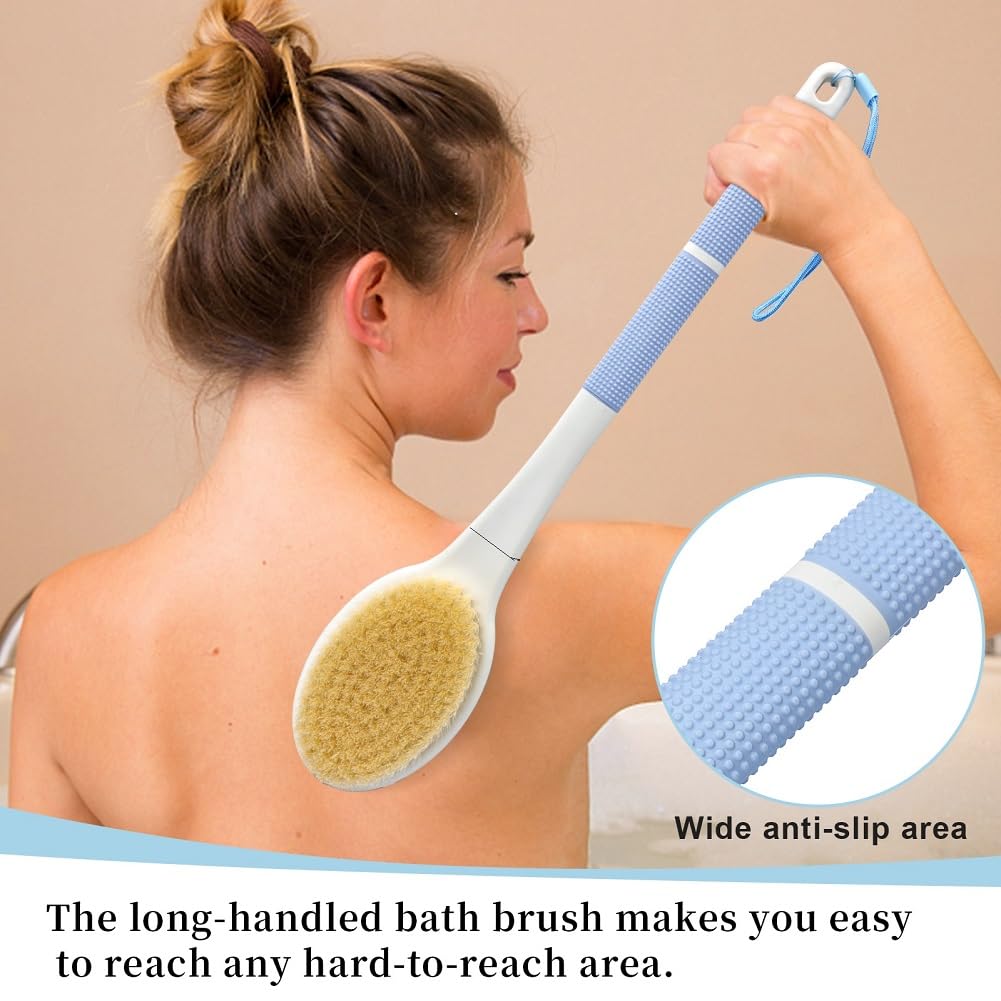 HORJOR Brosse de Bain Douche Long Manche 44cm, pour le Brossage Du Dos Humide ou Sec, Brosse Corps, Nettoyage en profondeur, Exfoliation douce, Peau radieuse
