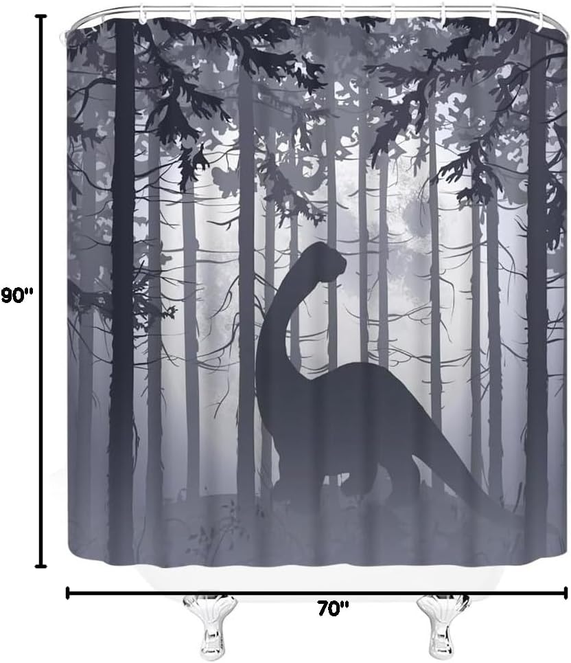 Dinosaur Shower Curtain Foggy Forest Wildlife Hunting Moon Mountain Rustic Lodge Country Farmhouse Outdoor Gray Bathroom Decor Fabric Curtains with Hooks