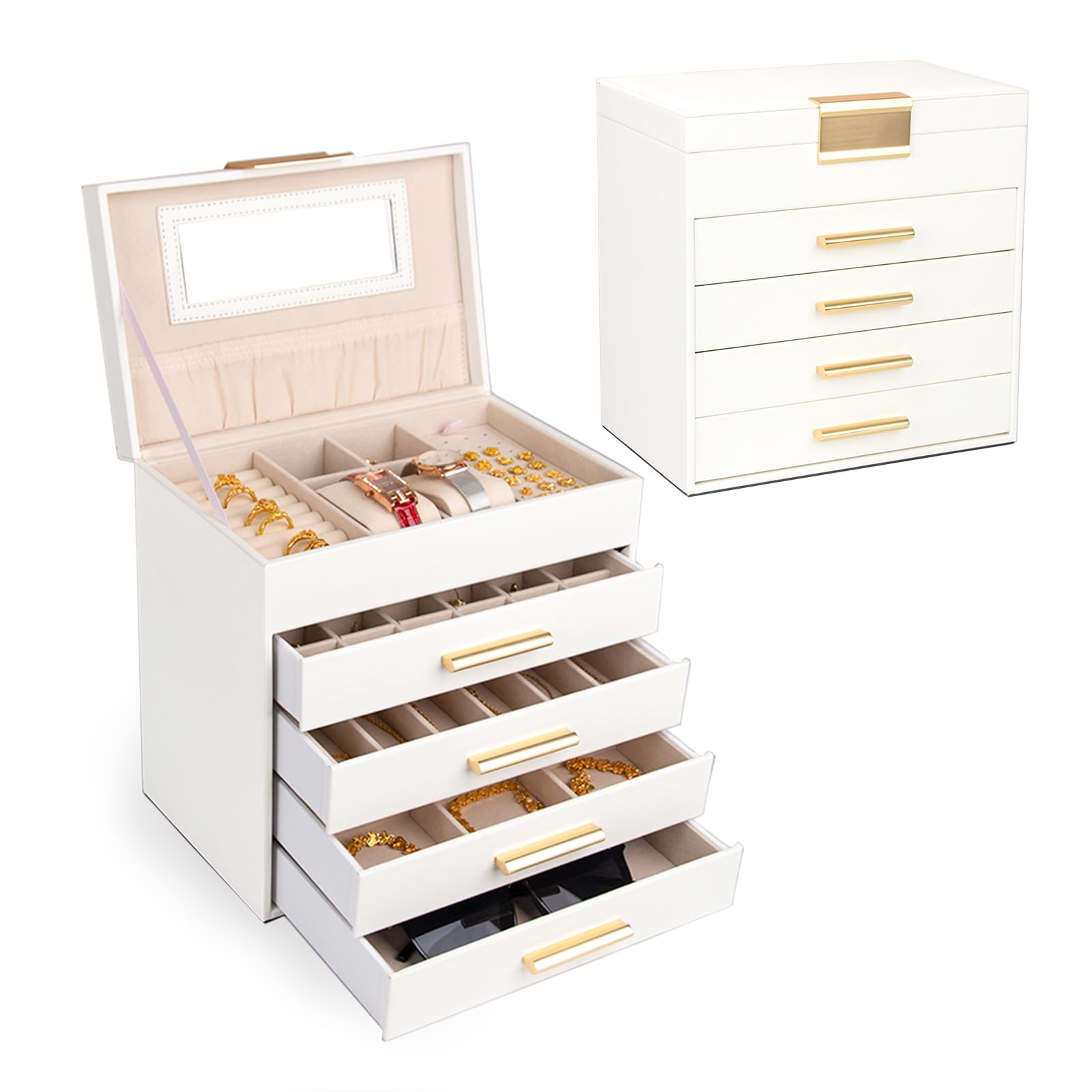 FEIYAN Pull-Out Jewelry Organizer with Mirror - Multi-Layer Compartment Storage Box for Necklaces, Bracelets, Earrings, Travel & Home Use, Holiday Gift