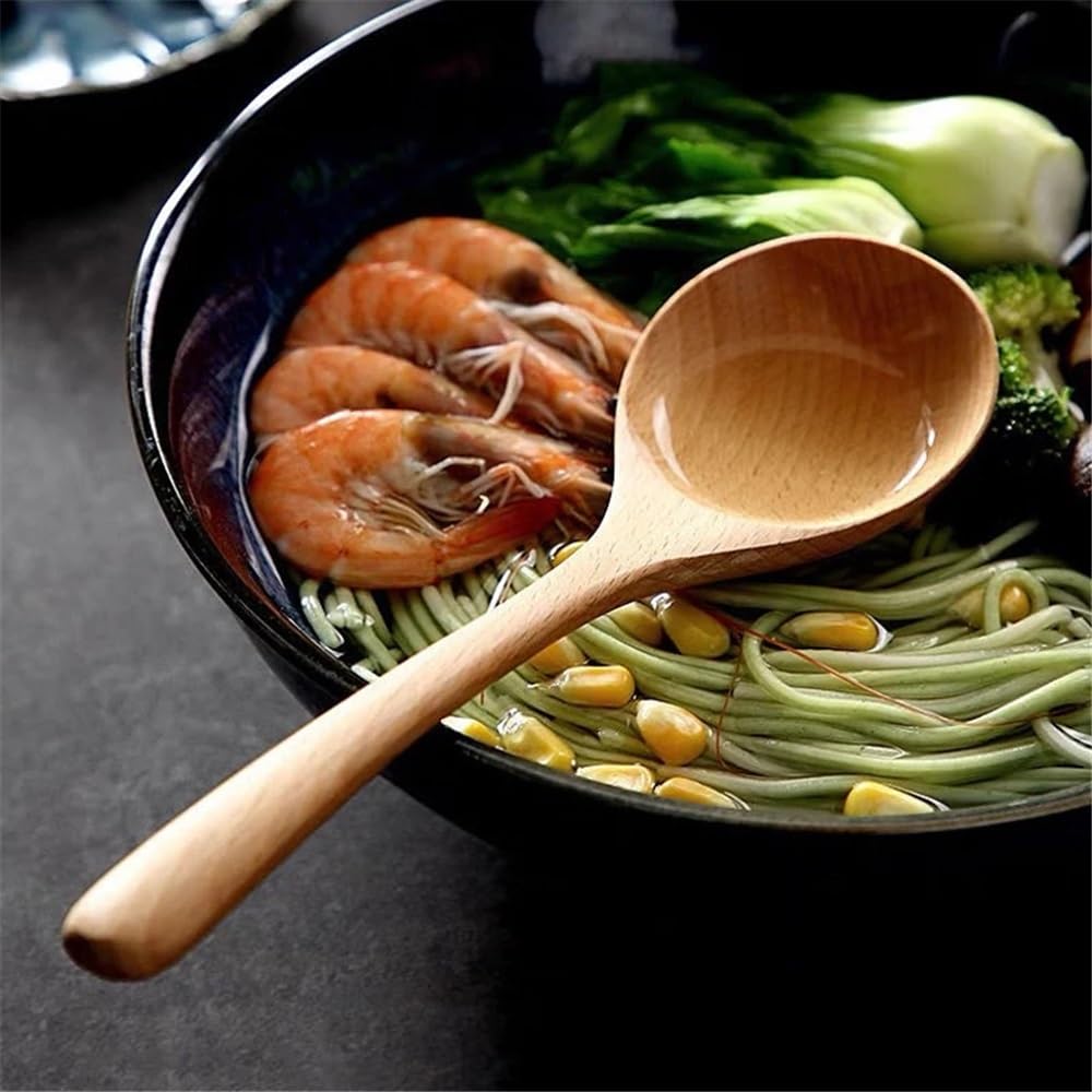 Utensilios de cocina Juego de 4 cucharas soperas de madera de haya for servir fideos grandes, ramen y arroz. Para el hogar