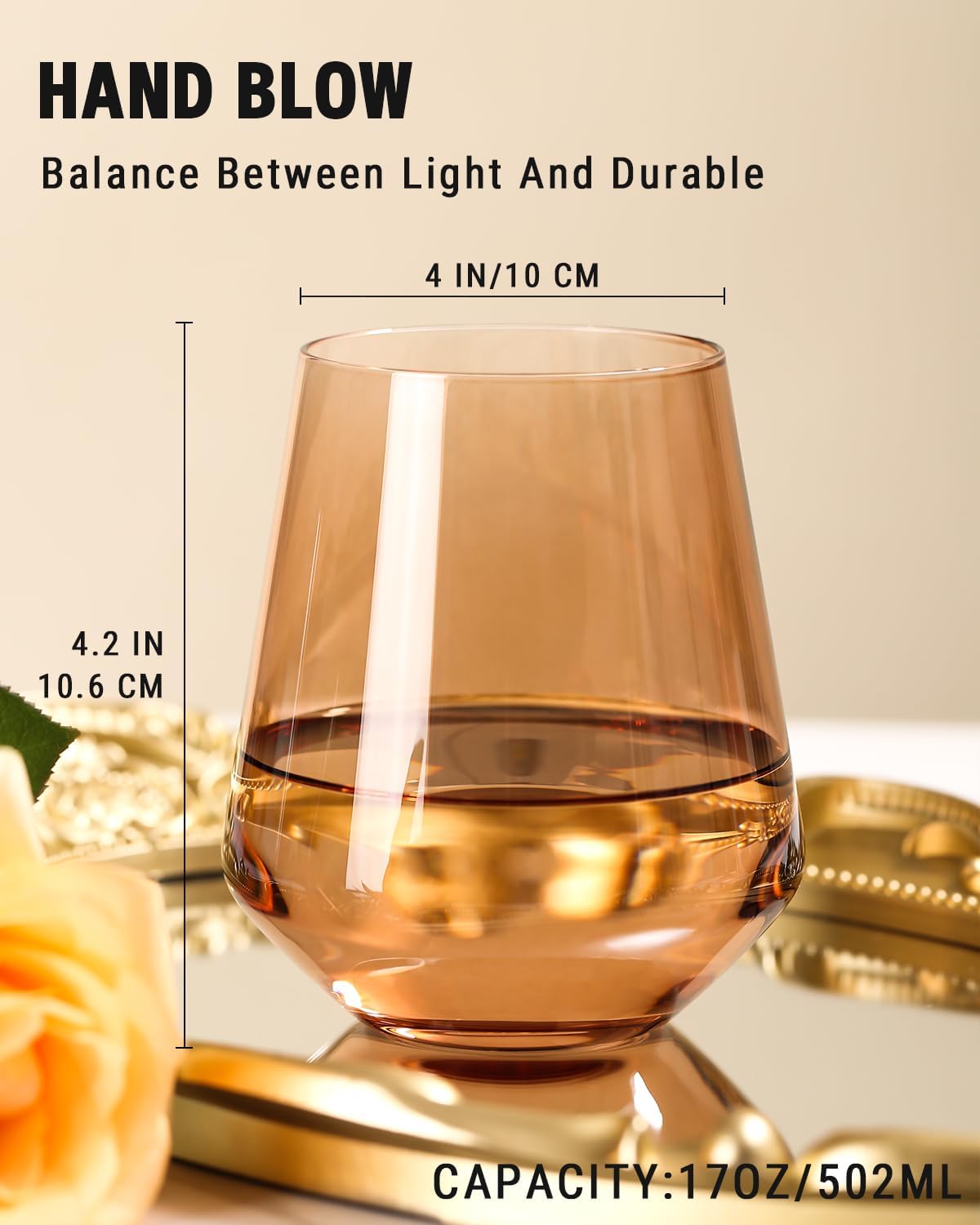 Colored Stemless Wine Glasses Set of 6 - 17 oz Hand-Blown Crystal Colored Glassware with no Stem, Multicolor Glassware for Lovers, Wedding, Birthday, Valentines's Day Housewarming Gifts for Women - Image 4