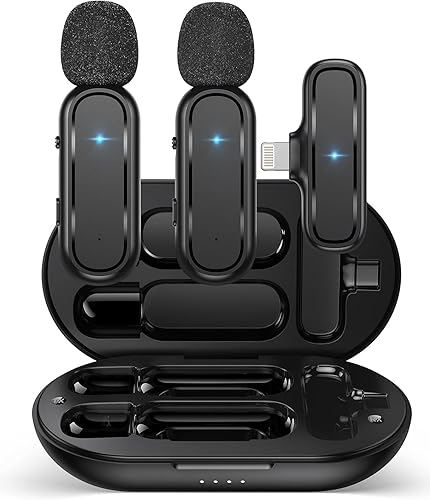 Micrófono inalámbrico Lavalier para iPhone iPad con estuche de carga 7H Clip en el micrófono de solapa inalámbrico, paquete de 2 micrófonos