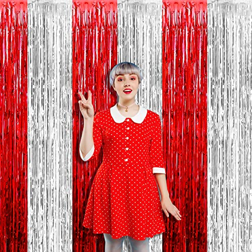 Image of 4 Pack 3.2Ft x 8.2Ft Silver Red Foil Fringe Curtain Backdrop, Metallic Tinsel Foil Fringe Streamers Curtains Background for Photo Booth, Wedding, Circus Welcome Carnival Birthday Party Decoration