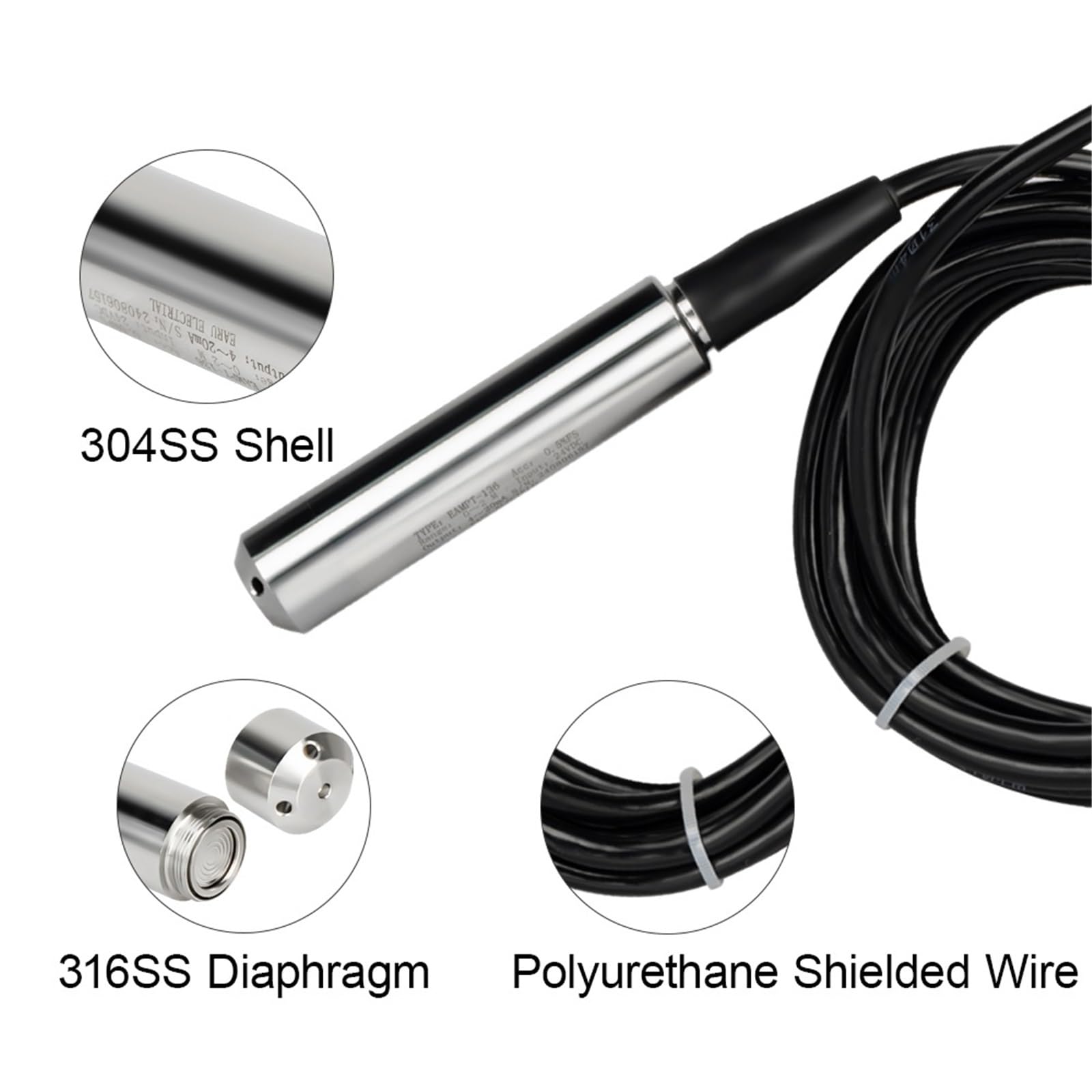 4-20MA 0-5V 0-10V RS485 Transmisor de nivel de salida Aceite líquido Sensor de nivel de agua Sonda Controlador de detección Interruptor de flotador Bomba de 1-10 m 1 pieza(2m Range 5m Cable,RS485 Outp