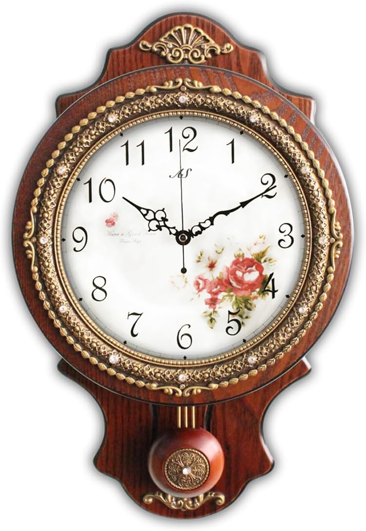 Aero Snail Wall Clock with Swinging Pendulum, Retro Style Silent Clock with Crystal Decoration, Vintage Decor European Victoria Wood Clock for Indoor Bedroom Living Room, W166-1A