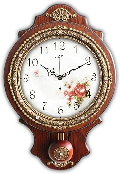 Aero Snail Wall Clock with Swinging Pendulum, Retro Style Silent Clock with Crystal Decoration, Vintage Decor European Victoria Wood Clock for Indoor Bedroom Living Room, W166-1A