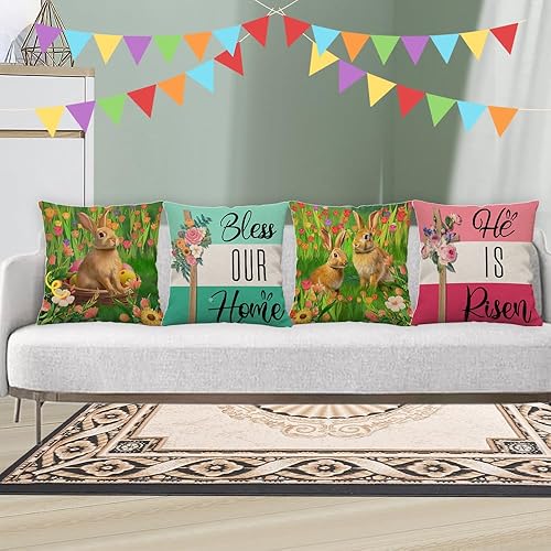 Miniatura 6 de Fundas de almohada de Pascua de 18 x 18 pulgadas, juego de 4 fundas de almohada de primavera con texto en inglés "He is Risen" de Pascua religiosa