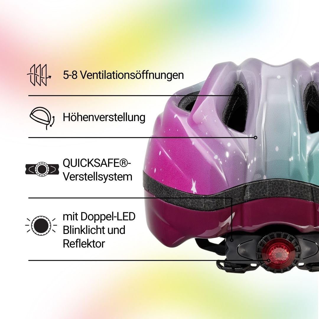 Meggy II Trend 2024 - Casco da bicicletta per bambini, prodotto in Germania, con luce posteriore a LED, solo 220 g, sistema di regolazione QuickSafe e protezione dagli insetti