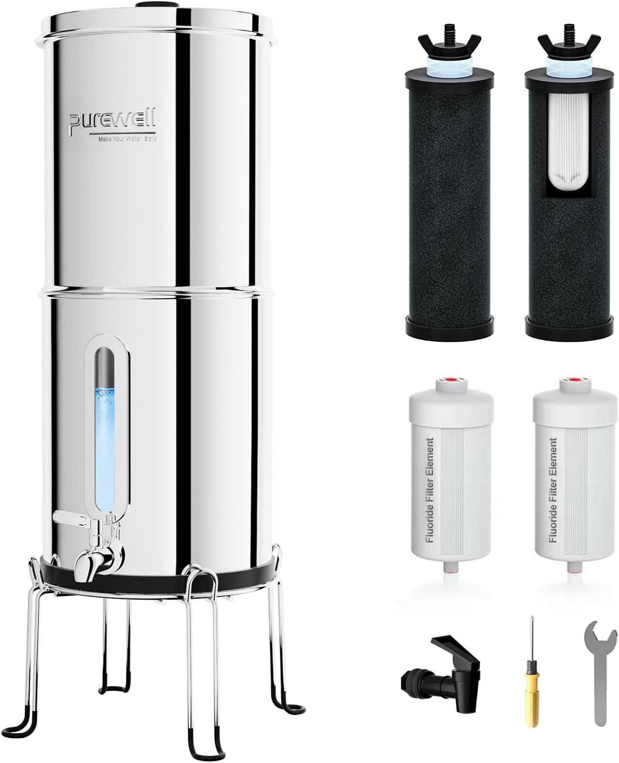 Purewell 2.25G Gravity Water Filter System with Water Level Window, 8-Stage 0.01μm Ultra-Filtration Stainless Steel Countertop System with 4 Filters and Stand, Reduce Fluoride and Chlorine, PW-KS-CF