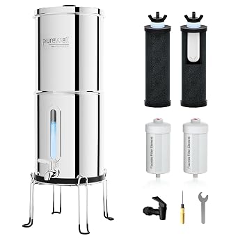 Purewell 2.25G Gravity Water Filter System with Water Level Window, 8-Stage 0.01m Ultra-Filtration Stainless Steel Countertop System with 4 Filters and Stand, Reduce Fluoride and Chlorine, PW-KS-CF