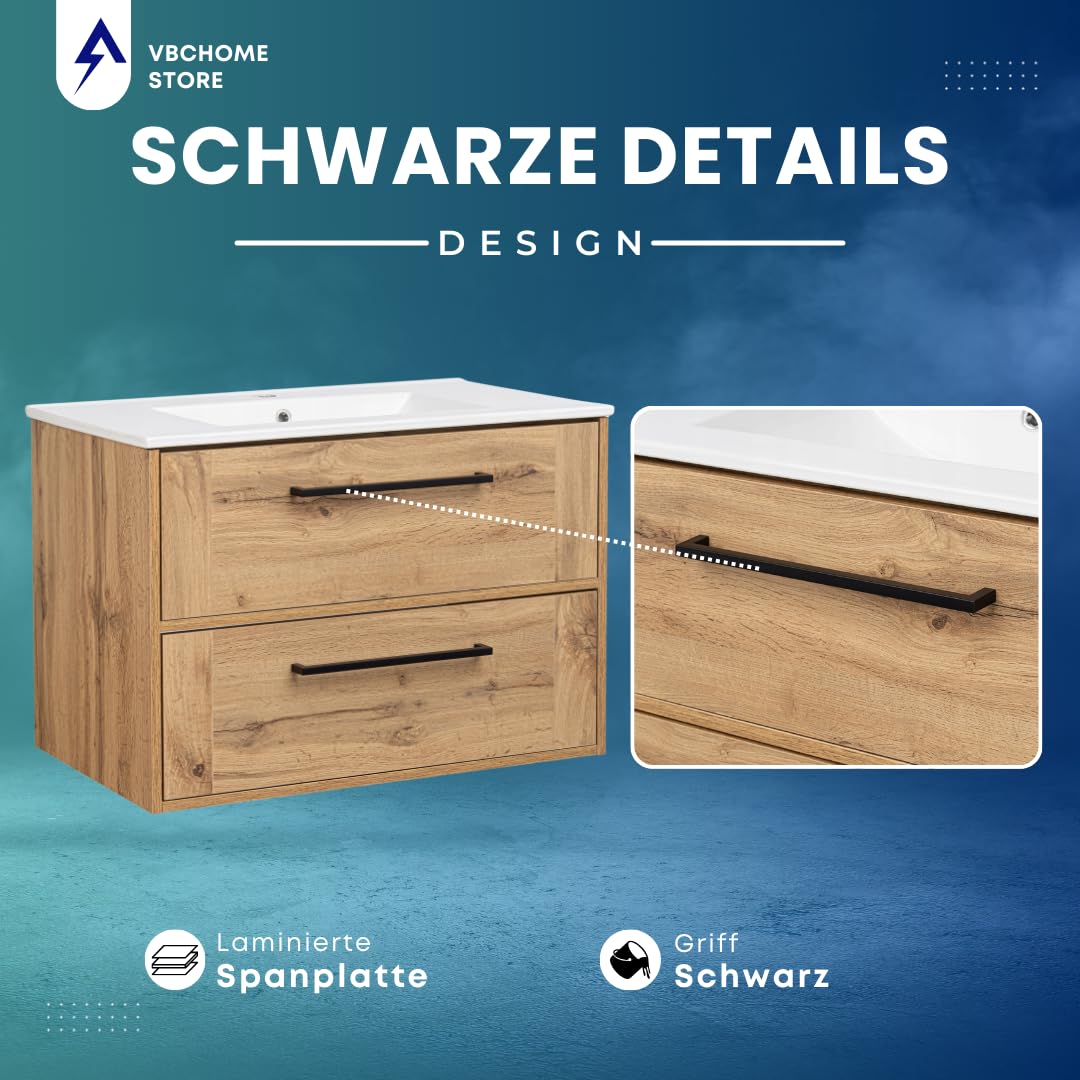 VBChome Hängeschrank 81x56x47 cm Eiche Wotan mit Keramikwaschtisch – Moderne Badmöbel mit Soft-Close-System und Metallgriffen