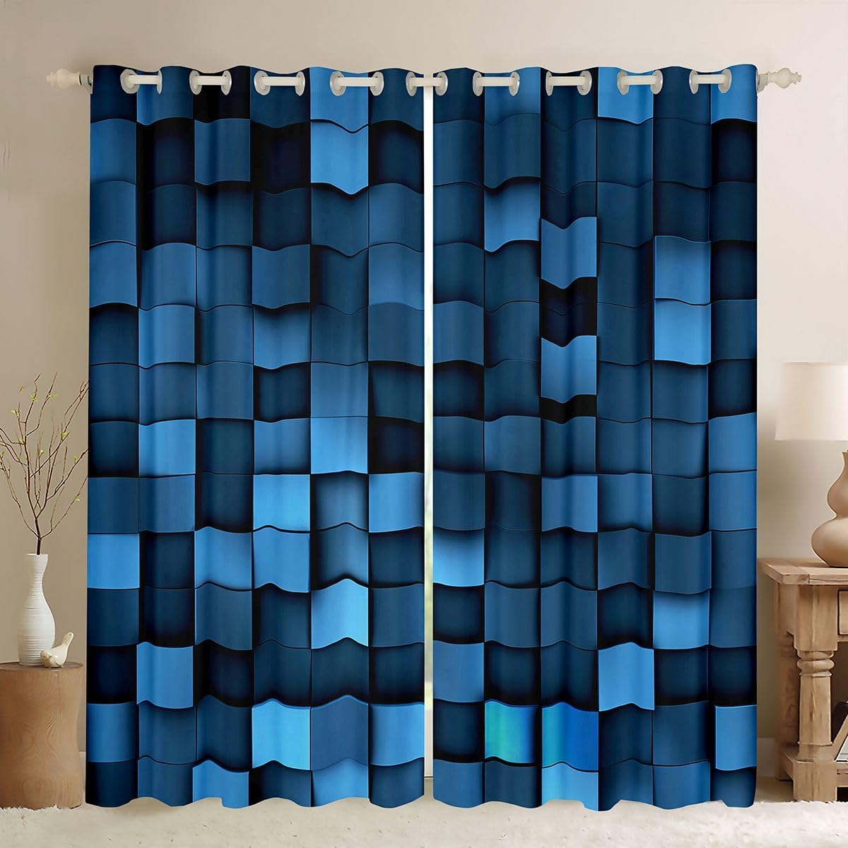 Manfei Pixelated Miners Game Window Drapes,Video Games Gamepad Gaming Blackout Curtains,Modern Geometric Square Boys Girls Room Decor,Blue 2 Panels,42Wx63L inch