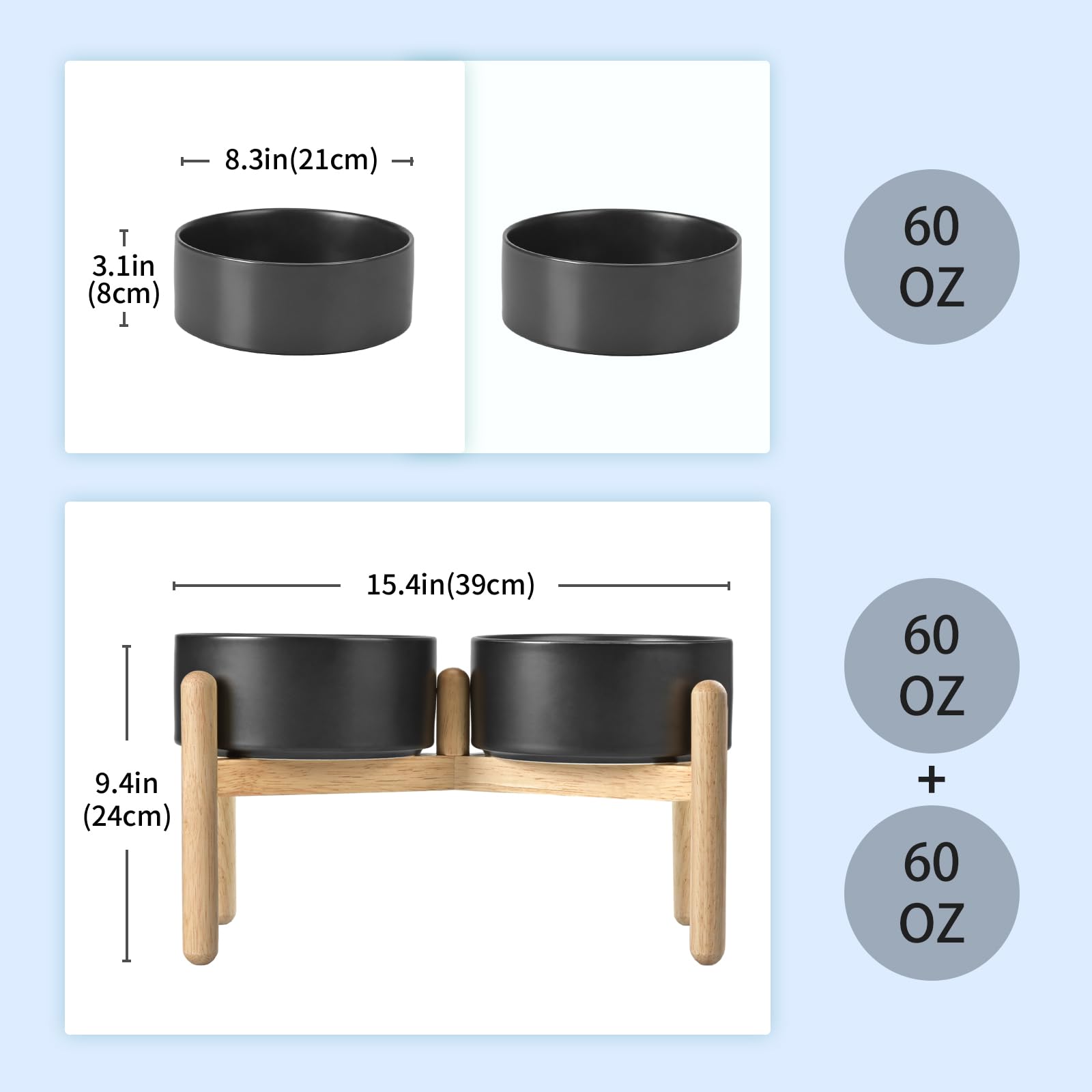 SPUNKYJUNKY Gamelle surélevée en céramique avec support en bois pour chien de taille moyenne et grande - Gamelle d'alimentation et d'eau pour animaux domestiques (double gamelles de 1,70 g, noir)