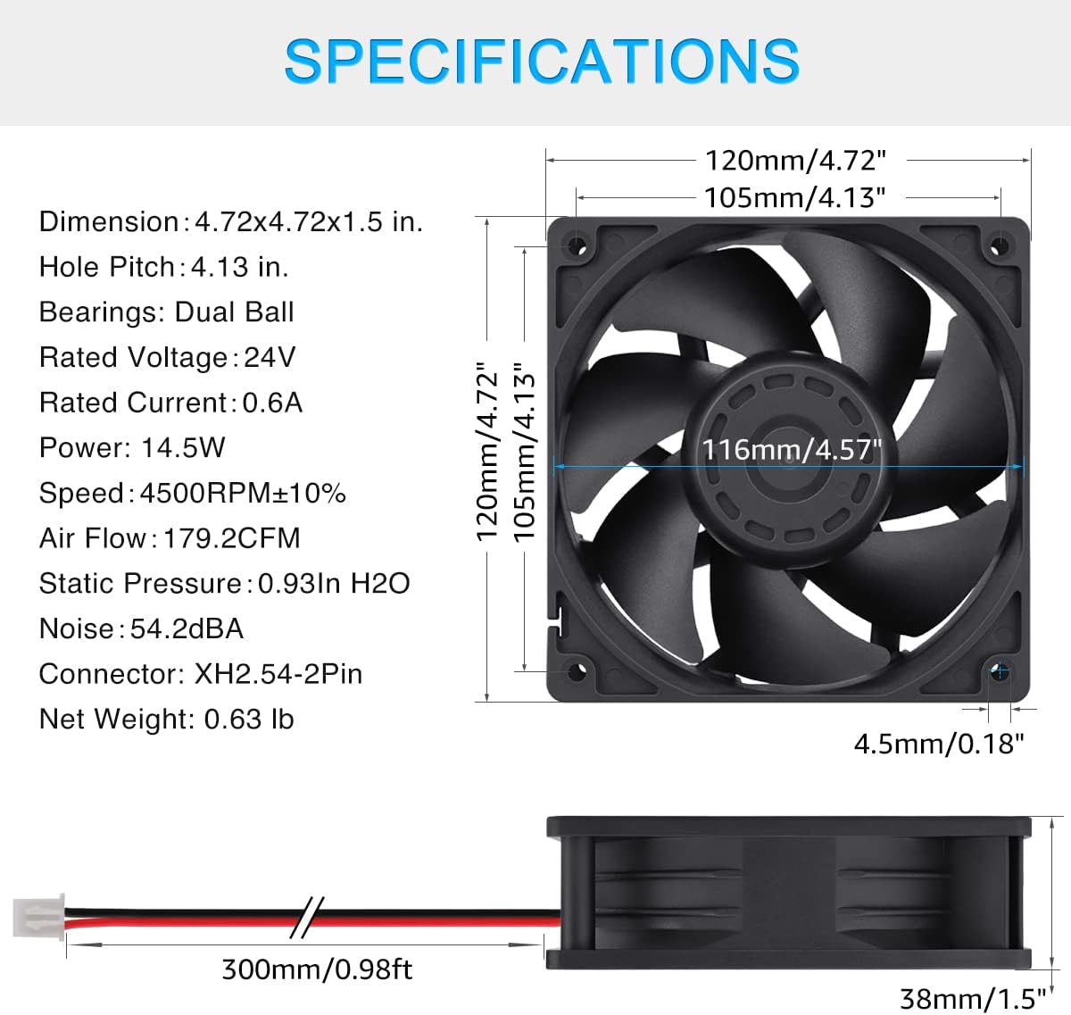 Super Big Clearance! GDSTIME High Airflow 24V 120mm x 120mm x 38mm Dual Ball Bearing 5 Inch Brushless Cooling Fan