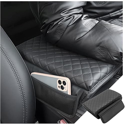 XINLIYA Car Armrest Cushion, Carbon Fiber Leather Auto Center Console Pad, Memory Foam Armrest Box with Storage Bag, Hand Rest Pillow with Organizer Pockets, Universal Fit for Most Vehicles