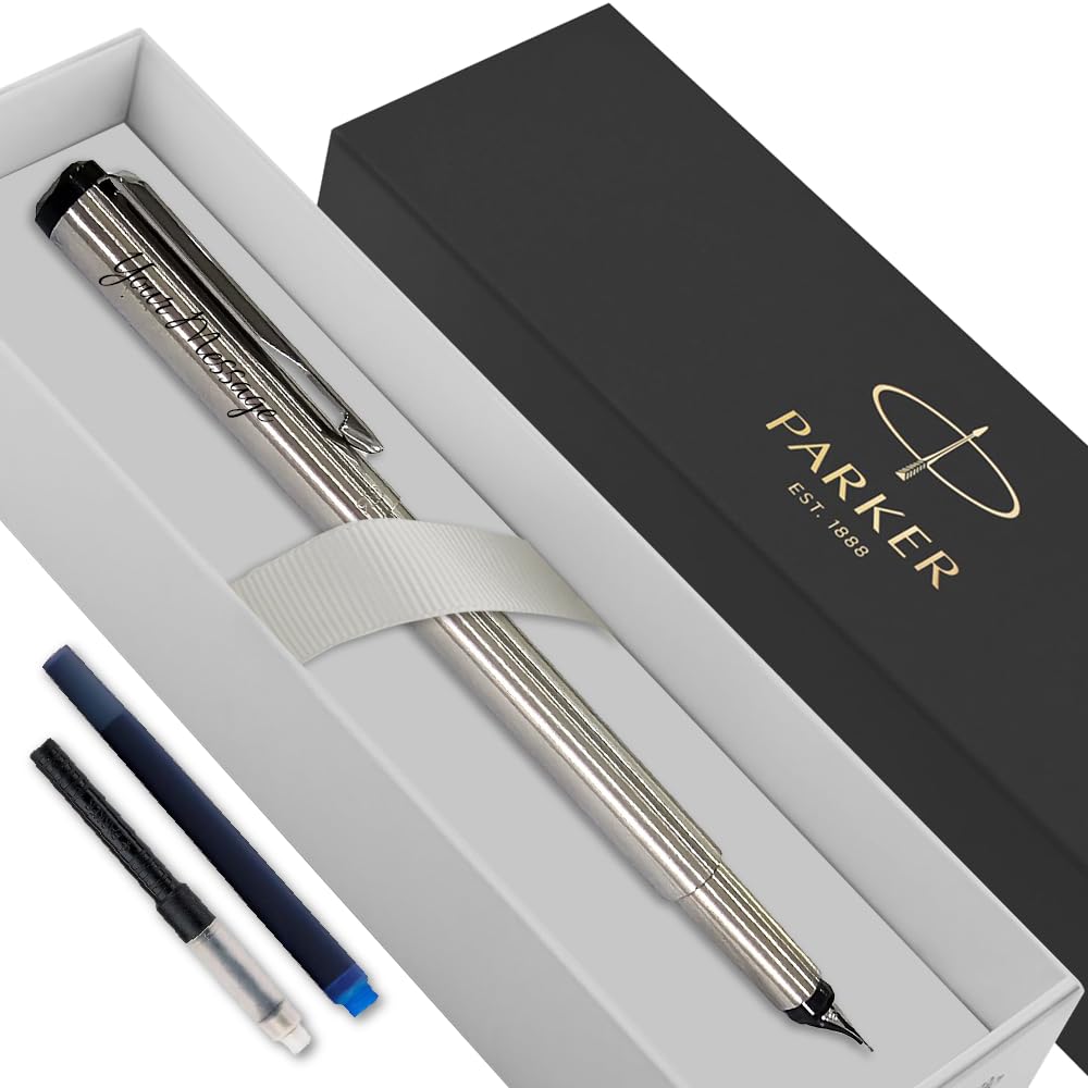 Personalised Parker Vector Fountain Pen | With Colour Option (Blue or Black Ink Cartridge) & Converter | Elegant Gift Box Birthday Gift Perfect for Men & Women with Laser Engraving (Silver) — image 1