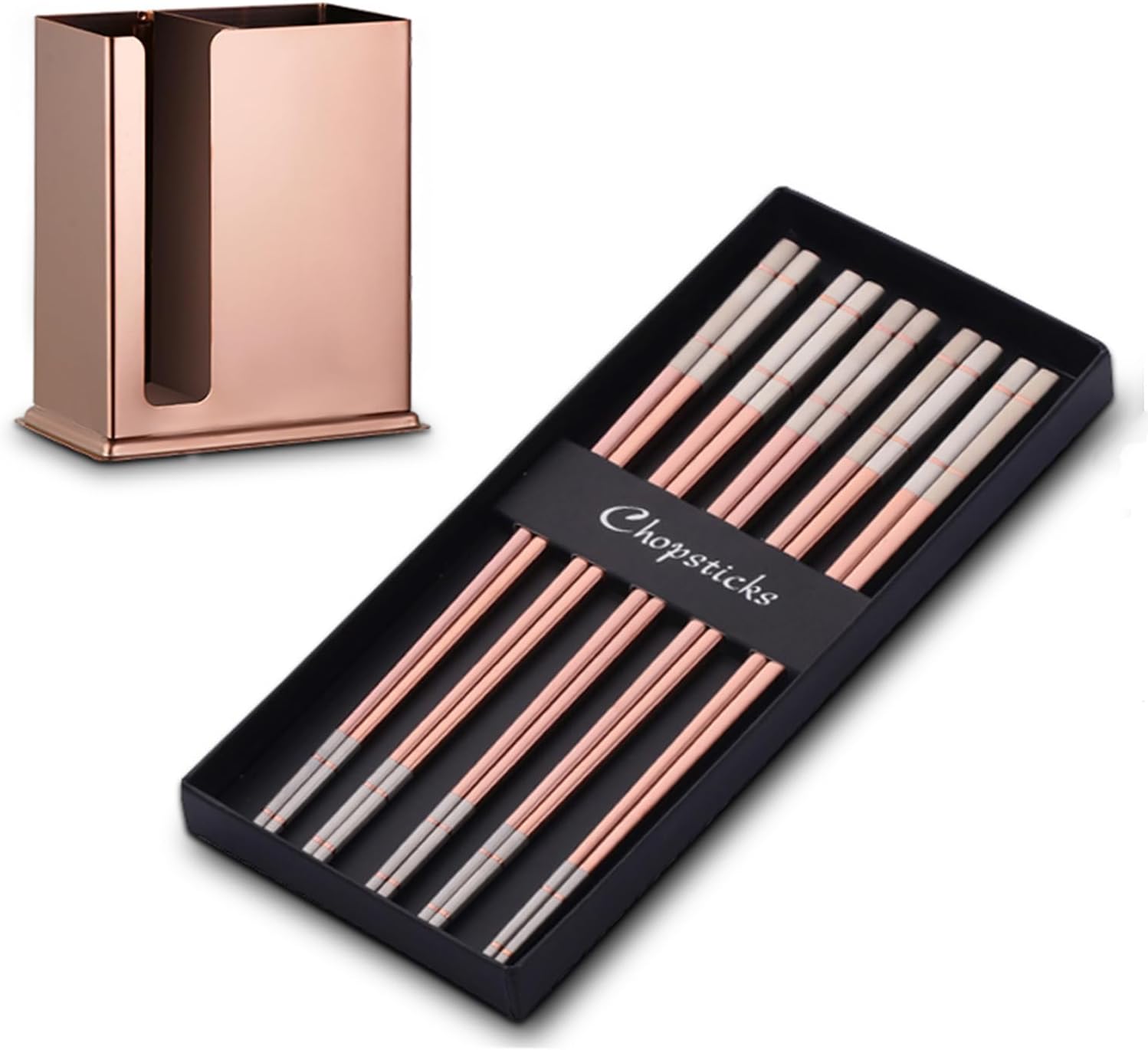 DOCBLACK 6-in-1 Stainless Steel Chopsticks with Utensil Holder, Utensil Drying Rack with 5 Pairs Reusable Chopsticks , Dishwasher Safe, Square Lightweight Non-Slip Chopsticks Set -Rose Gold