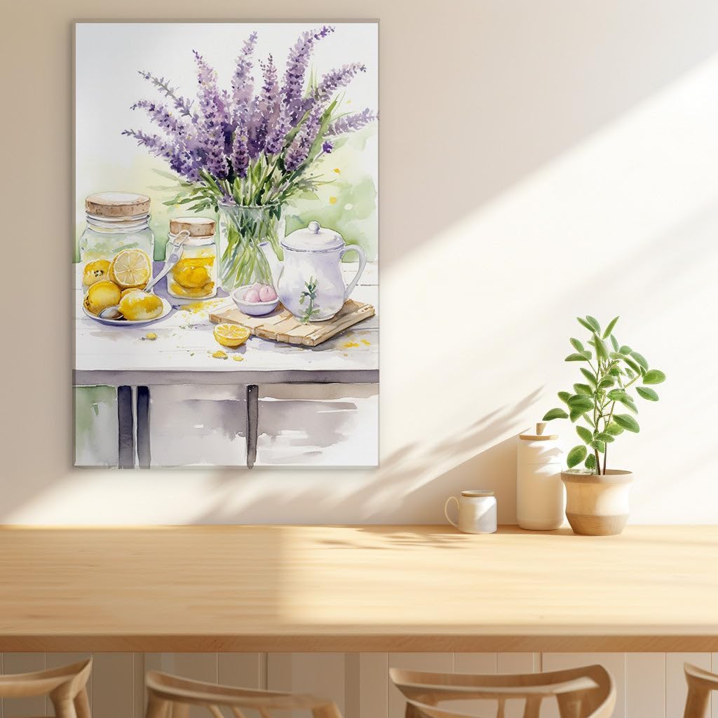 Canvas for Living room. Lemon Zest and Lavender Whispers: A Cozy Tableau of Refreshment and Serenity, 27 x 18 inch Canvas Wall Art - Contemporary Masterpieces - Modern Home Decor
