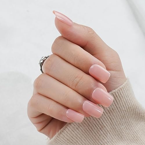Miniatura 9 de Uñas postizas cortas a presión color nude, uñas postizas cuadradas brillantes naturales con pegamento, uñas postizas acrílicas reutilizables, uñas