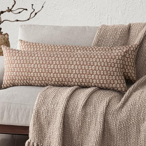 Image of Foindtower Set of 2 Decorative Long Body Lumbar Throw Pillow Covers Neutral Farmhouse Cushion Covers Vintage Home Decor for Sofa Couch Chair Bedroom Living Room,14x36 Inch,Light Orange Brown